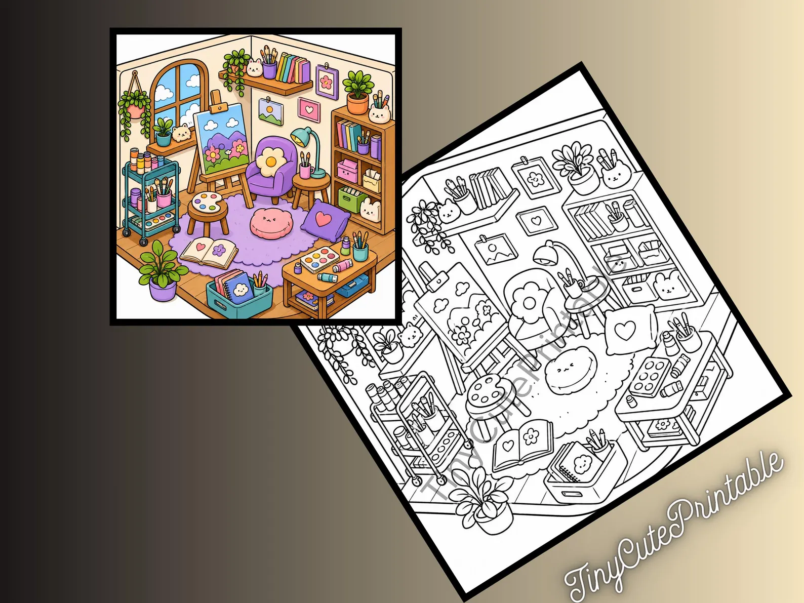 CuteLearner printable Cozy Hygge Room Coloring Book, Miniature Kawaii Scenes, Relaxing PDF (Instant Download) — Coloring Books — preview 3